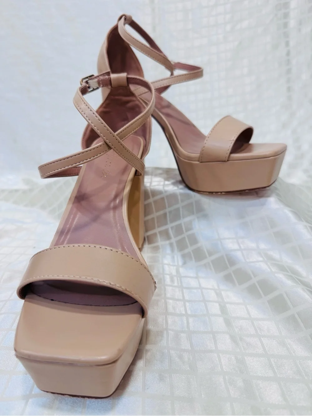 Women's Blush Platform Block Heel Sandals with Crisscross Ankle Straps